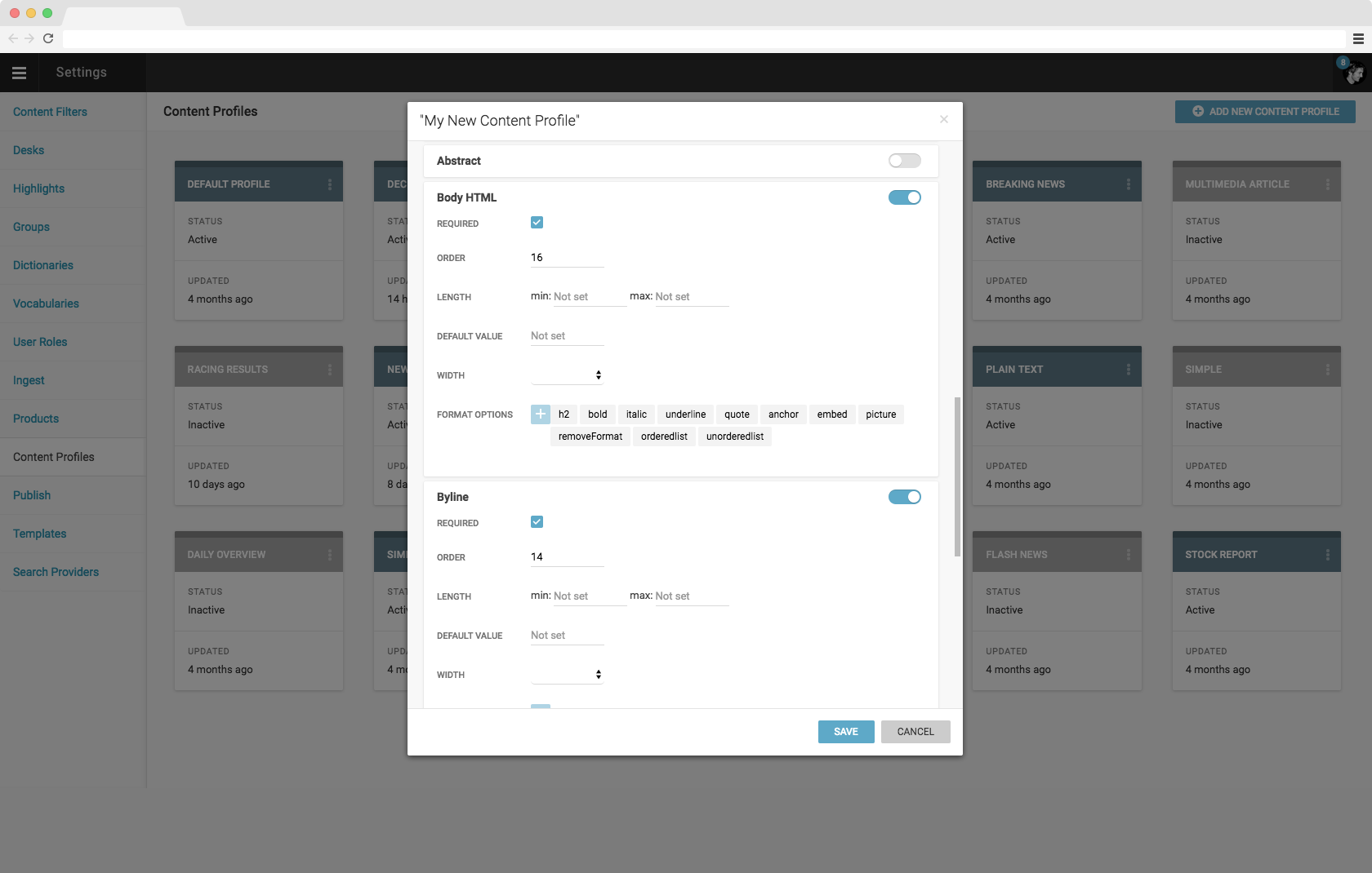 Superdesk Newsroom Software - tool for creating custom content profiles