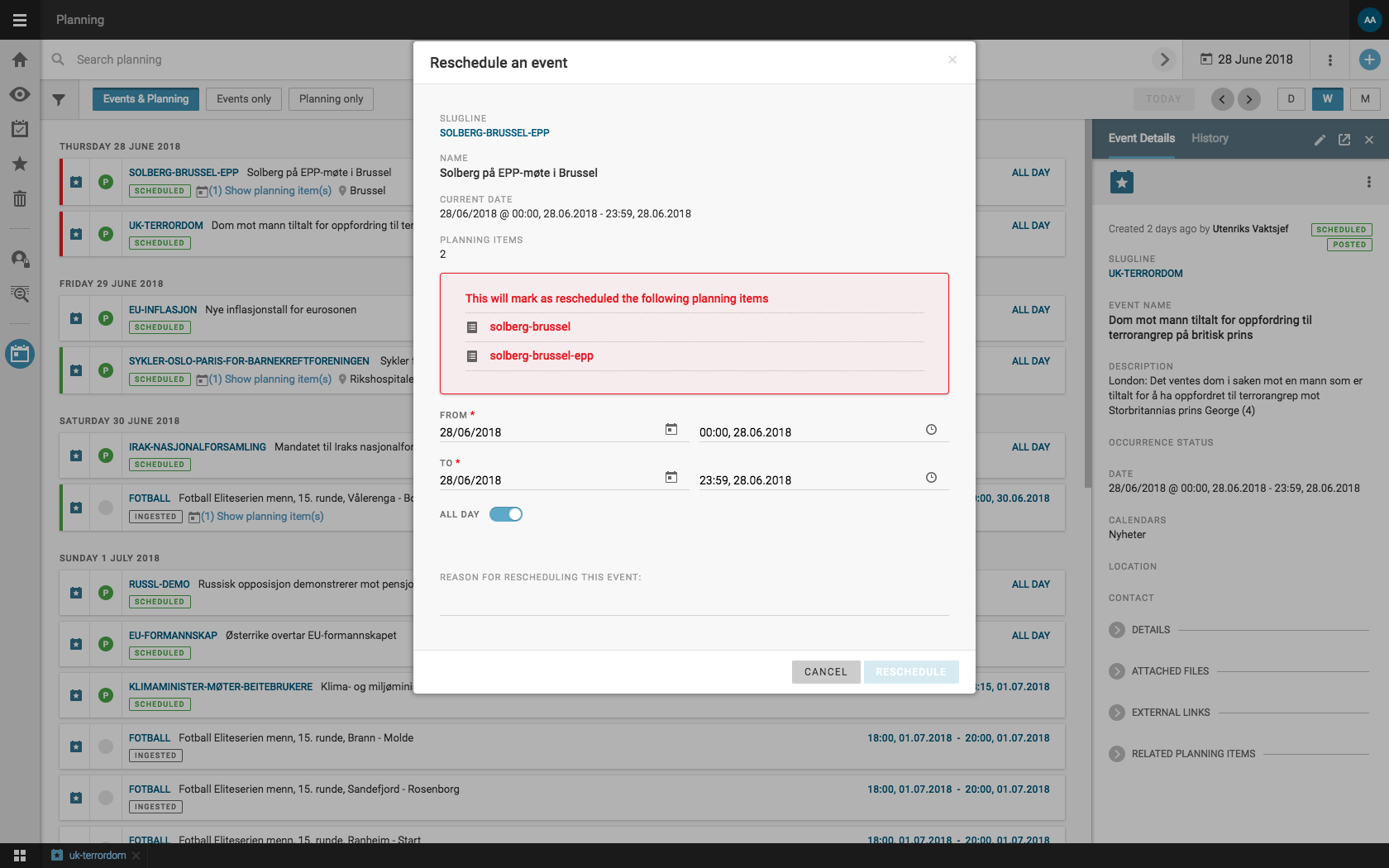 Easily reschedule an event as and when you need