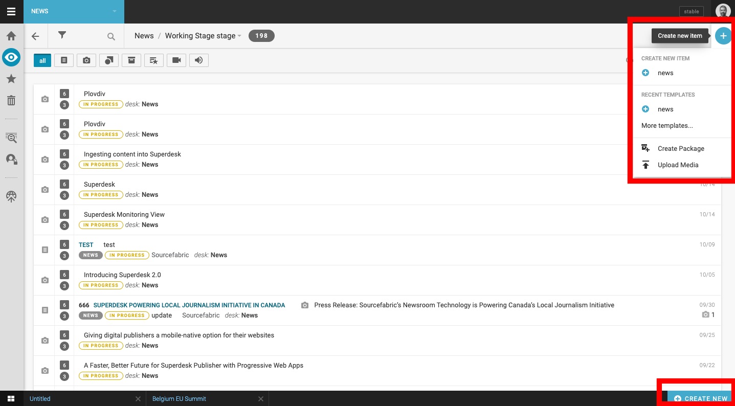 Creating a new piece of content in Superdesk.