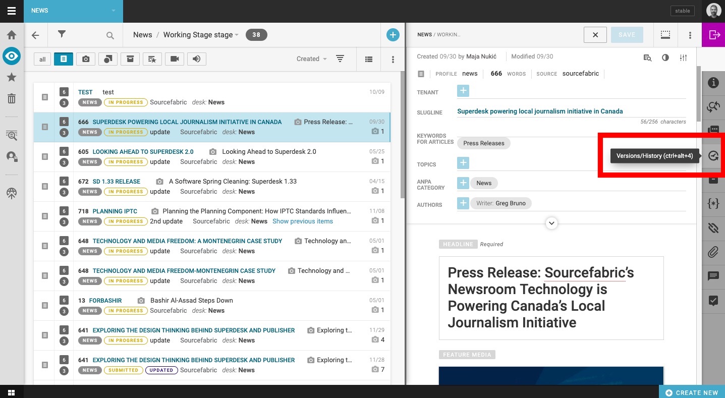 Superdesk’s “Versions/History” tab.
