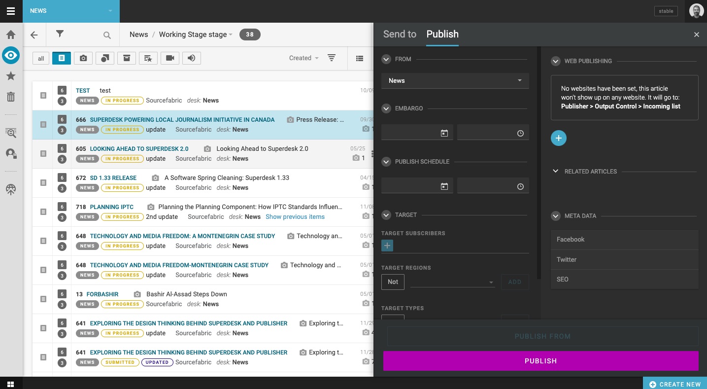 The Superdesk Sent to/Publish window.