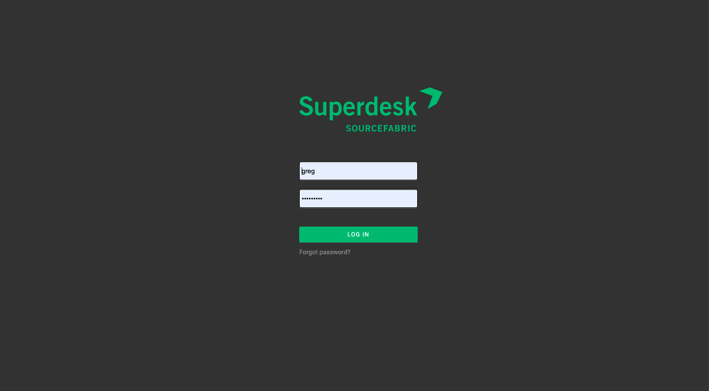 Superdesk login screen