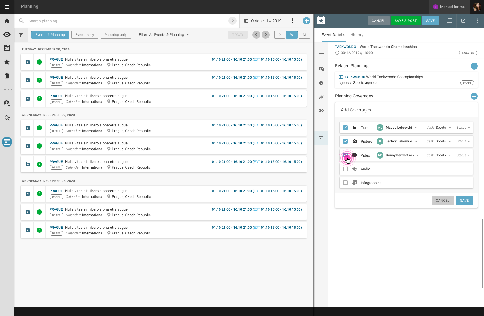 Planning coverages from an Event